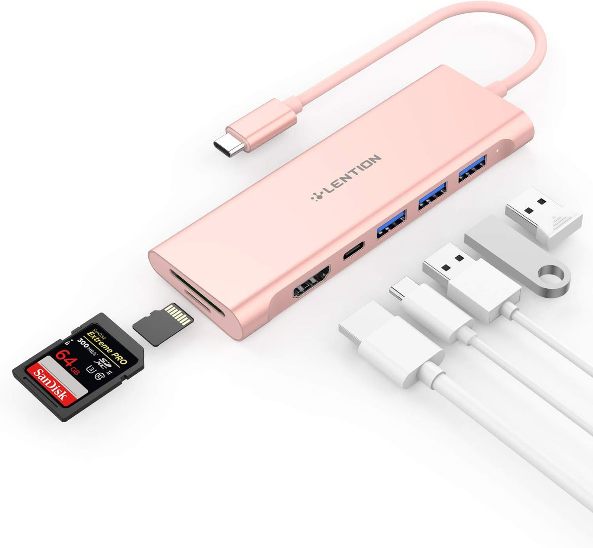 USB C Multiport Hub with 4K HDMI, 3 USB 3.0, SD/Micro SD Card Reader, 100W PD, Rose Gold L6341