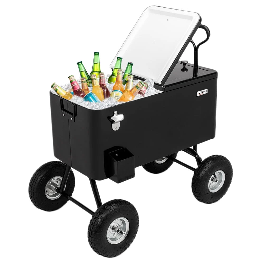 80 Quart Rolling Cooler Ice Chest with Long Handle and 10 Wheels Y688