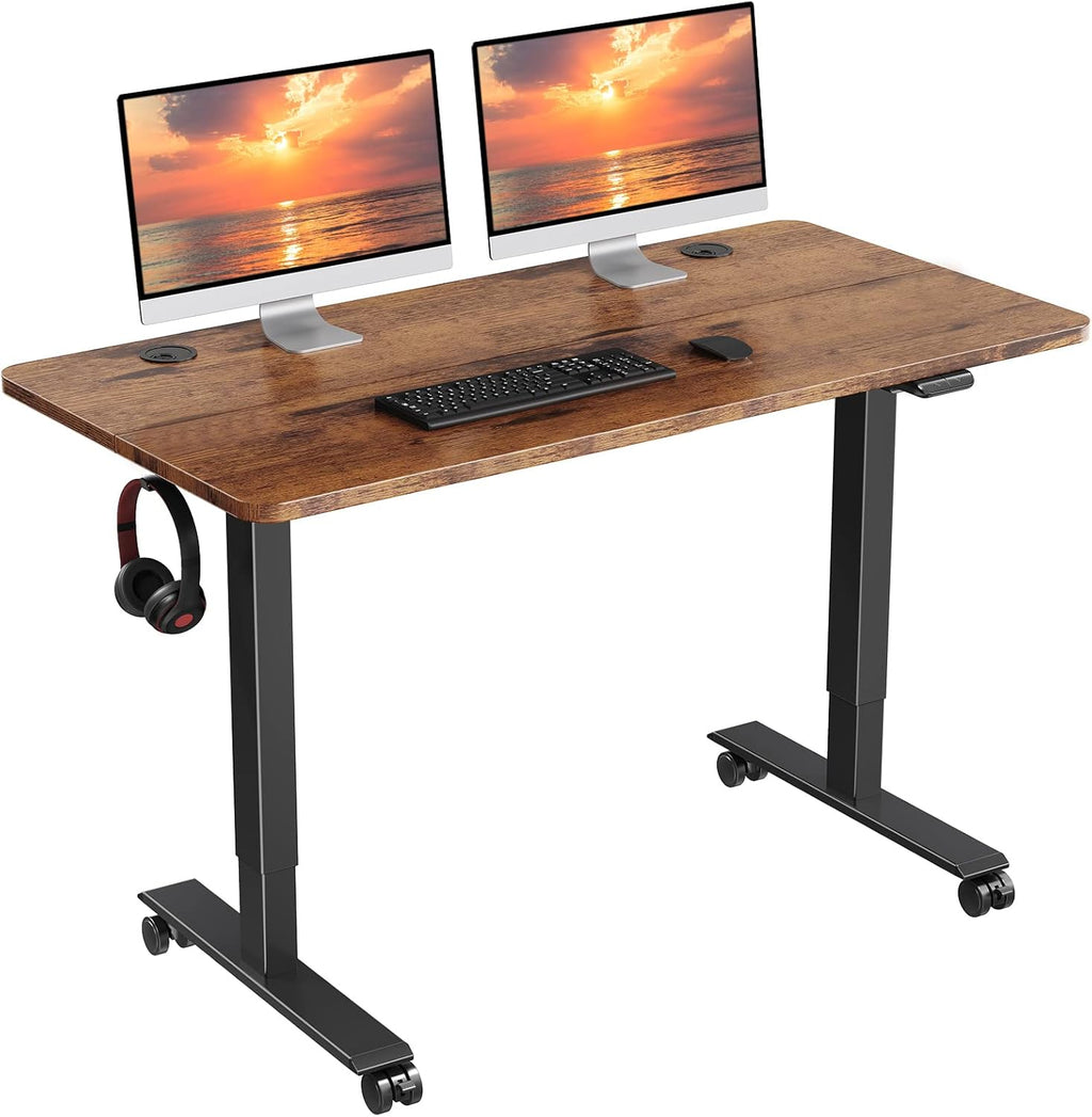 48 x 24 inch Walnut Top Black Frame Electric Standing Desk with Casters N582