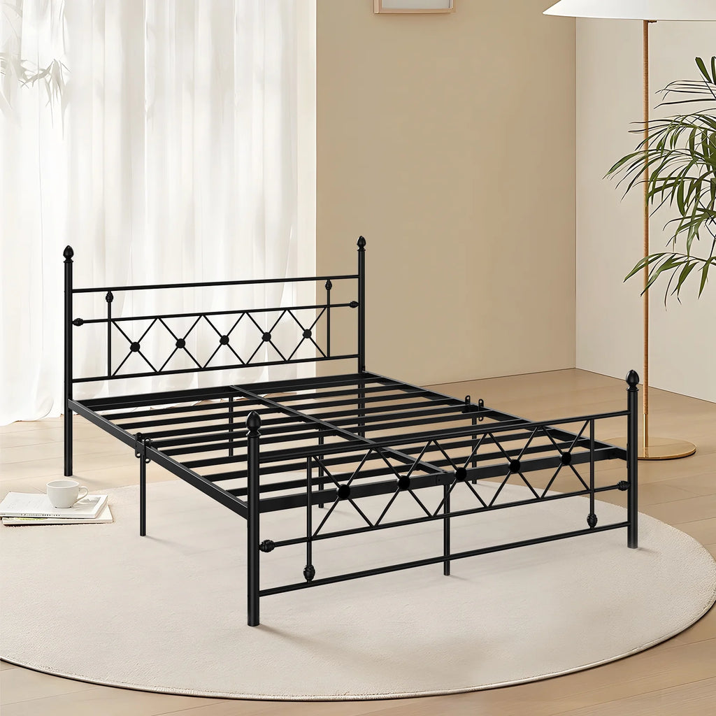 Queen Size Black Metal Platform Bed Frame with Headboard E91529