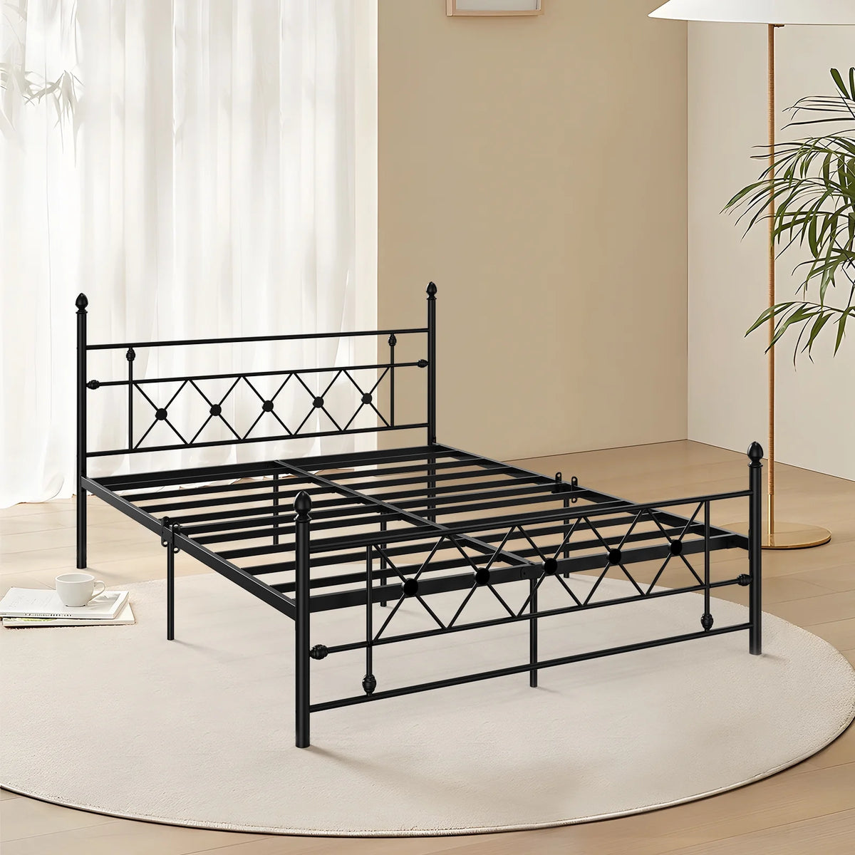 Queen Size Black Metal Platform Bed Frame with Headboard E91529