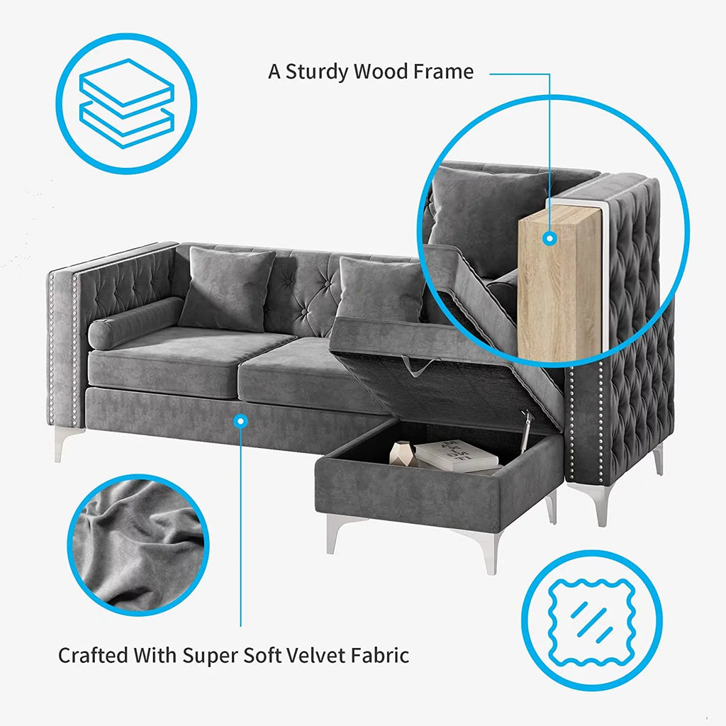 Velvet Grey L-Shaped Sectional Sofa with Chaise A16746