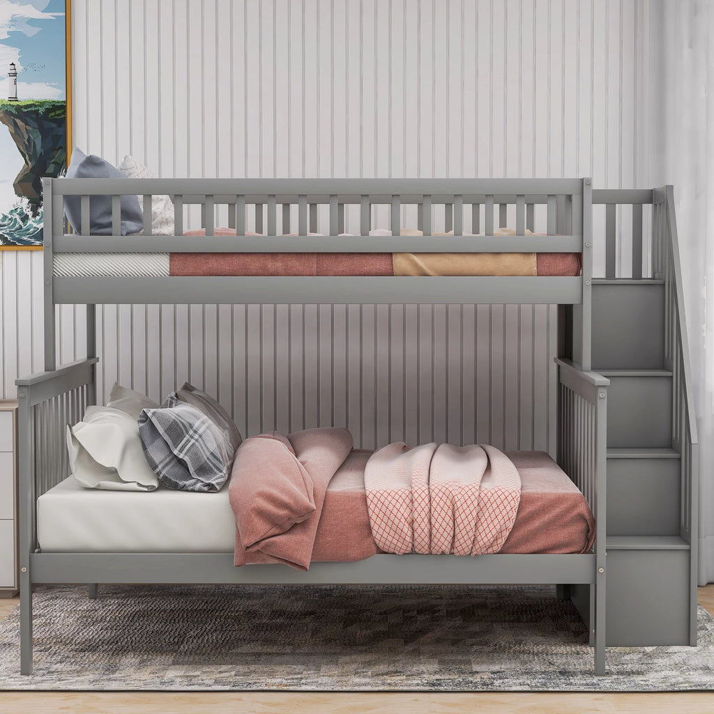 Gray Wood Twin over Full Bunk Bed with Stairs and Storage Shelf D97504