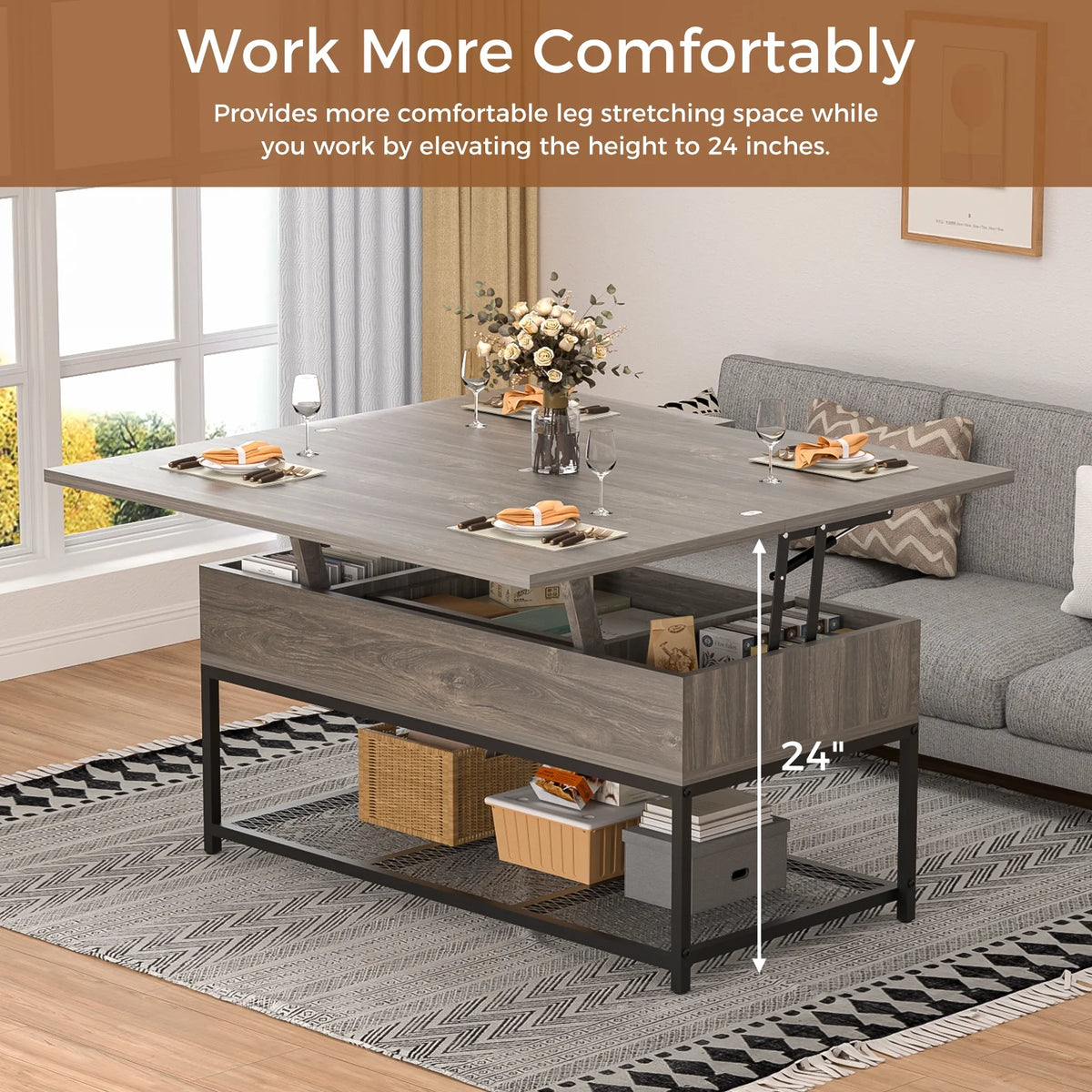 43" Lift Top Coffee Table with Hidden Storage and Drawer E7151