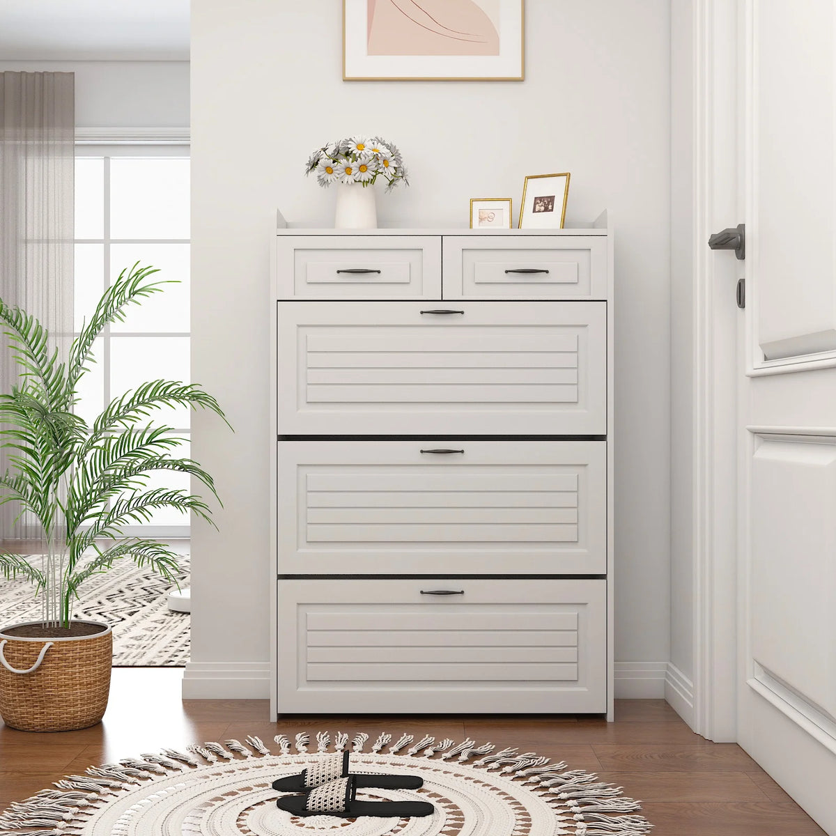 White Narrow 3 Door 2 Drawer Shoe Storage Cabinet I589024