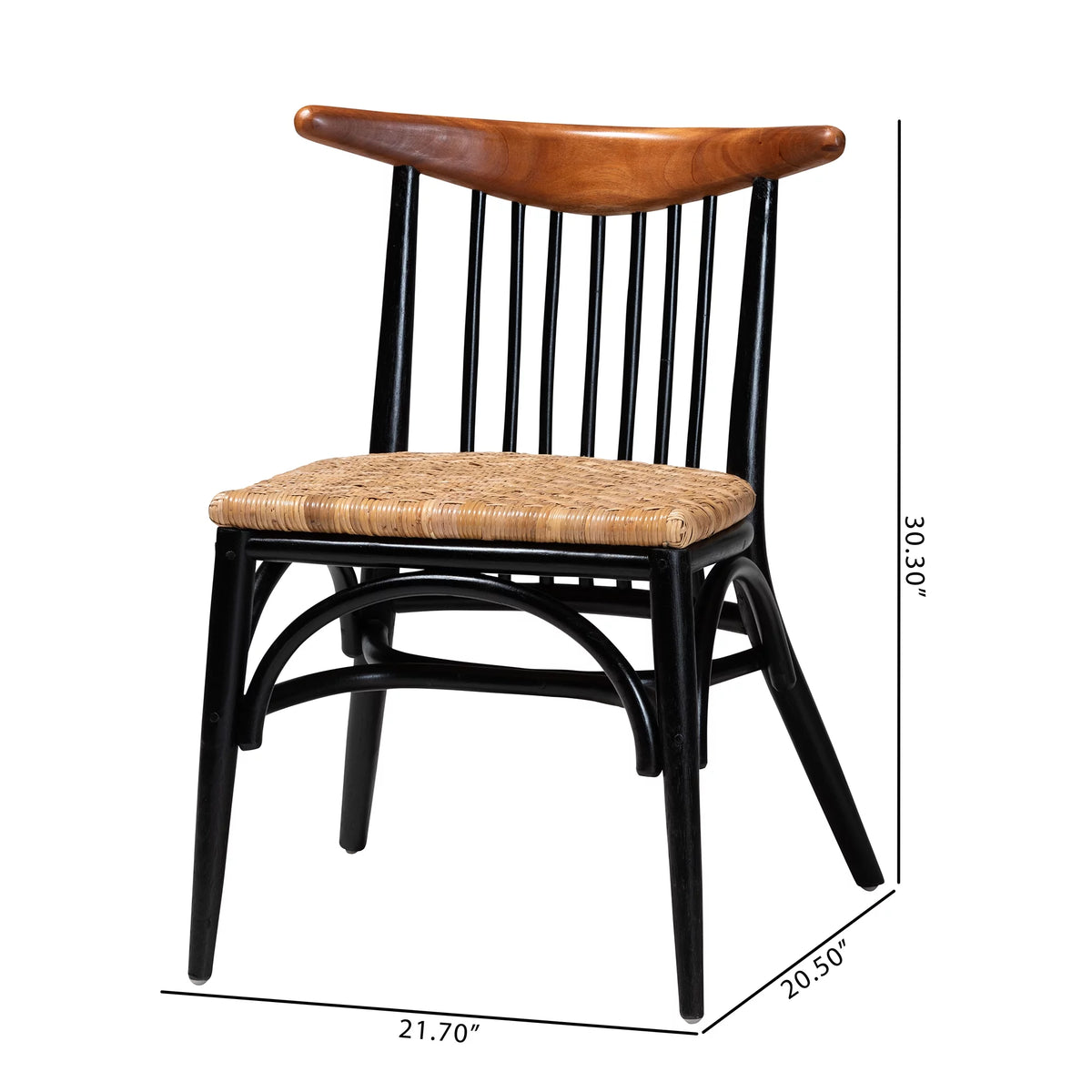 Black and Walnut Brown Wood and Rattan Dining Chair F7259