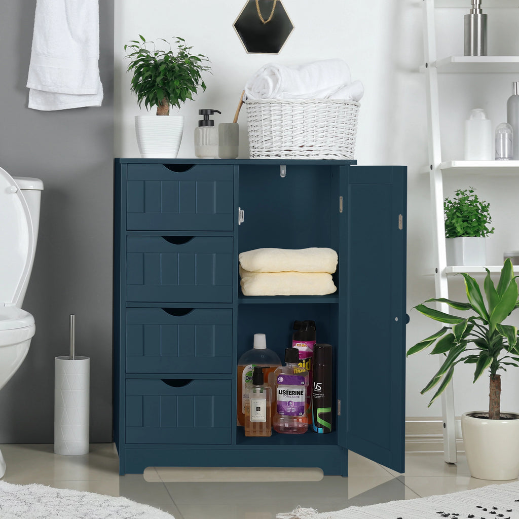 Blue Wooden Bathroom Floor Storage Cabinet with 4 Drawers and 1 Cupboard Y6539
