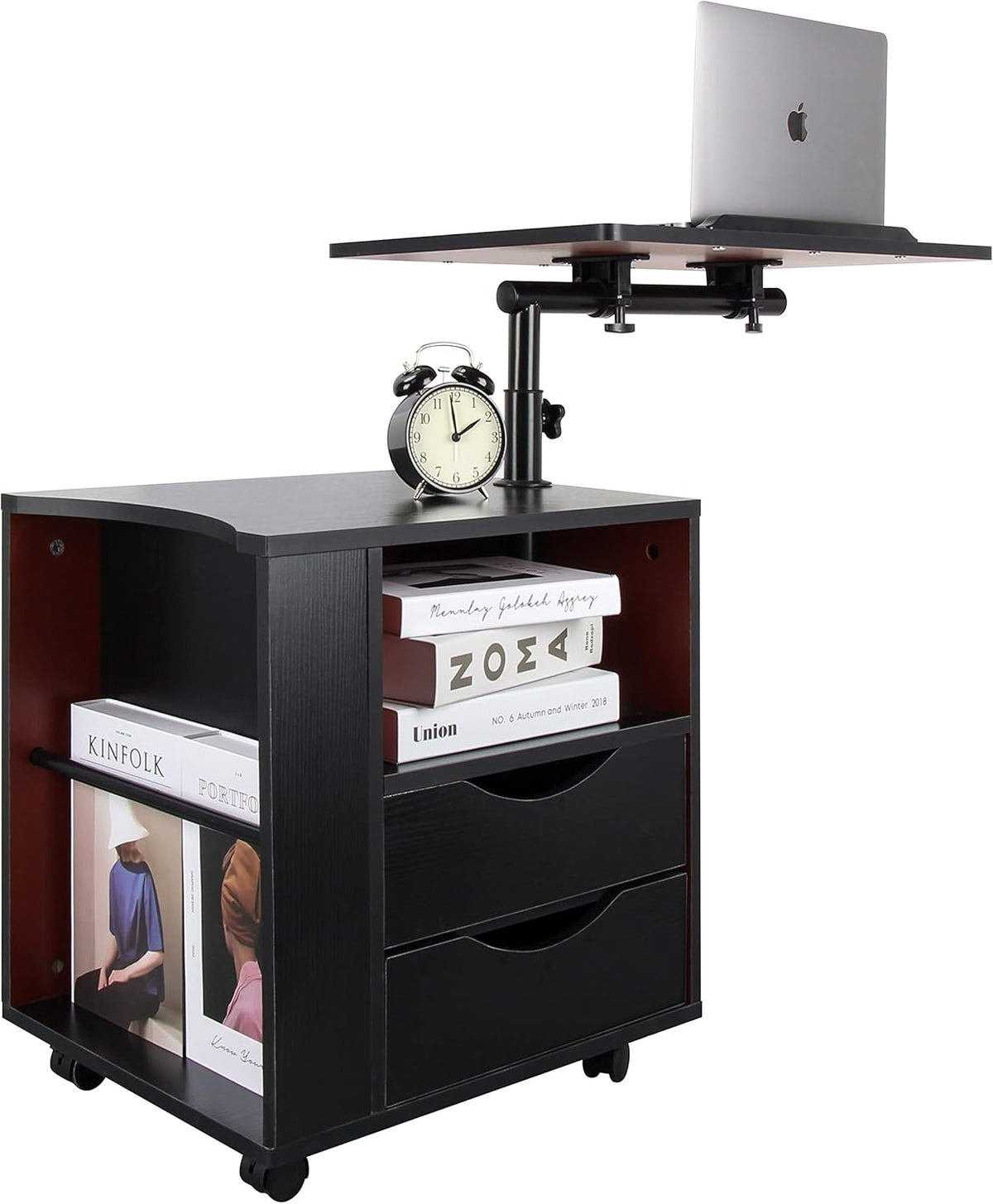Black Wooden Nightstand with Drawers and Wheels G647