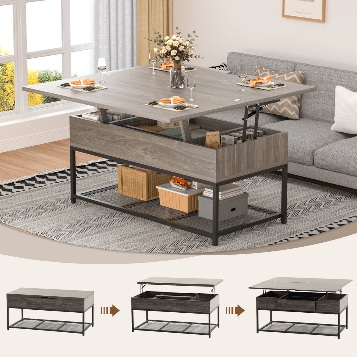 43" Lift Top Coffee Table with Hidden Storage and Drawer E7151