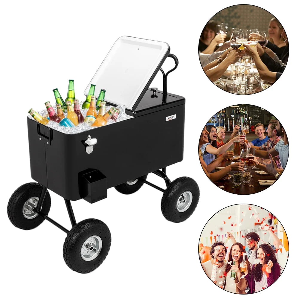80 Quart Rolling Cooler Ice Chest with Long Handle and 10 Wheels Y688