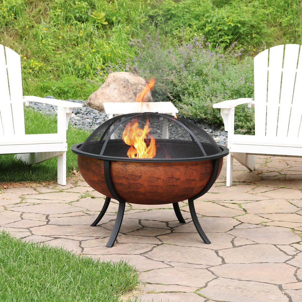 Copper Raised Outdoor Fire Pit Bowl with Spark Screen - 32" Z12179