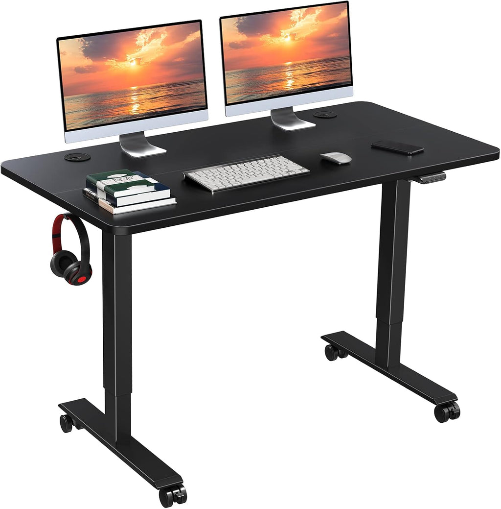 48 x 24 inch Walnut Top Black Frame Electric Standing Desk with Casters N582