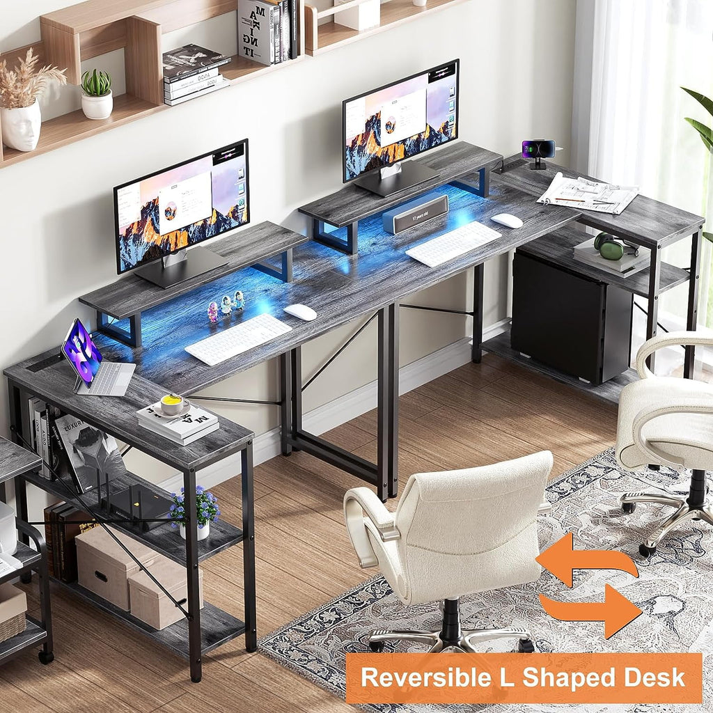 Black Oak L Shaped Desk with Power Outlet and USB Ports D60326