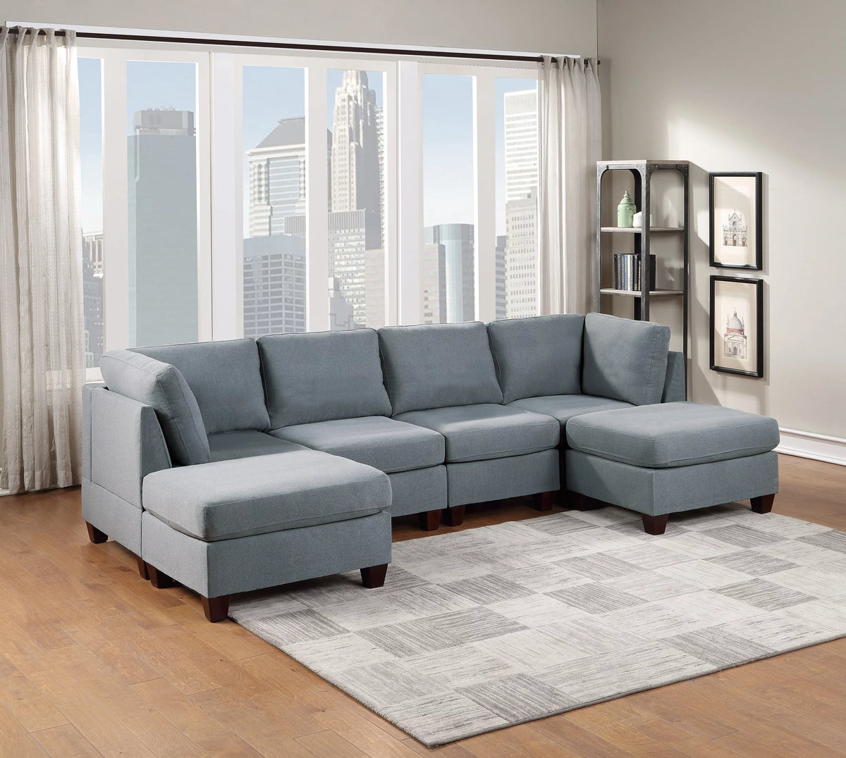 Grey Linen Like Fabric 6Pc Modular Sectional I7814