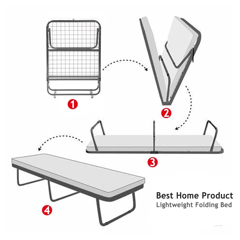 Folding Bed Frame with Wheel, Rollaway Bed with Mattress, Foldable Twin Bed with Memory Foam Mattress Z3223