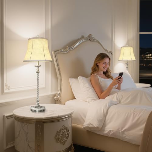 Set of 2 33'' Tall Ivory White Linen Fabric Table Lamps Y63485