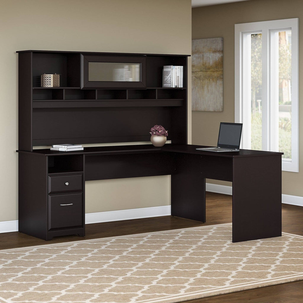 72W L Shaped Computer Desk with Hutch and Drawers, Espresso Oak X494