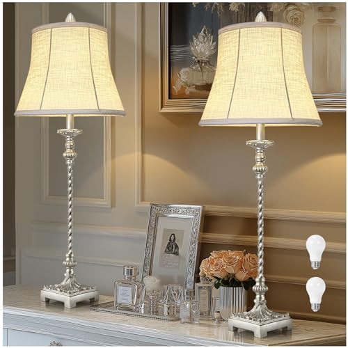 Set of 2 33'' Tall Ivory White Linen Fabric Table Lamps Y63485