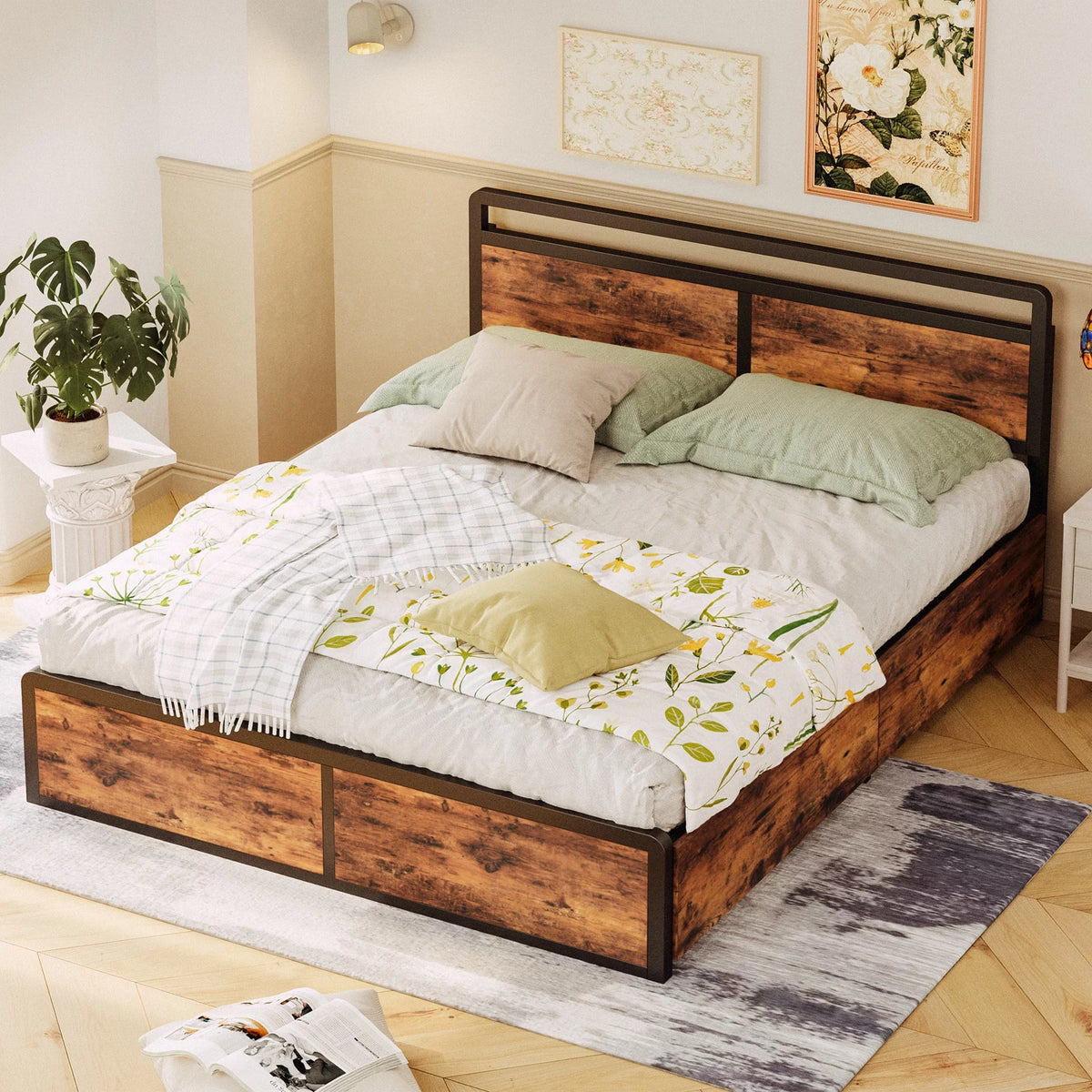 Queen Storage Bed Frame with Adjustable Headboard and 4 Drawers R862888
