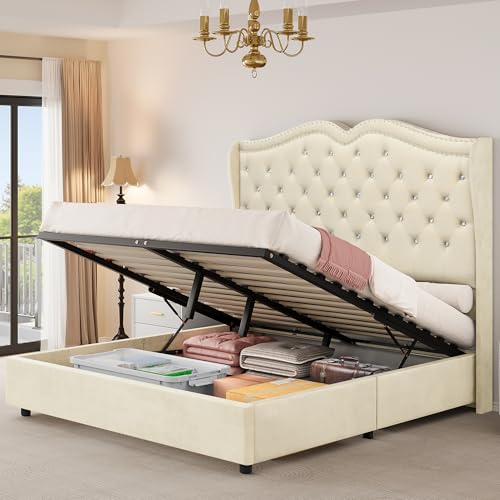 Queen Velvet Upholstered Storage Bed Frame with Headboard M273335