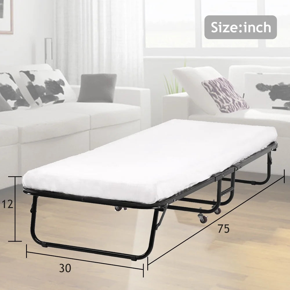 Folding Bed Frame with Wheel, Rollaway Bed with Mattress, Foldable Twin Bed with Memory Foam Mattress Z3223