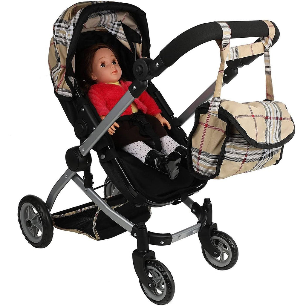 Beige Plaid Doll Pram with Swiveling Wheels and Adjustable Handle A6850