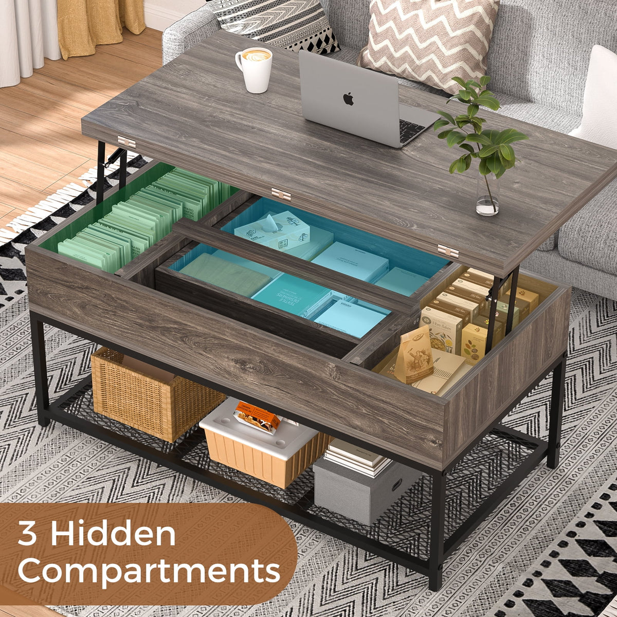 43" Lift Top Coffee Table with Hidden Storage and Drawer E7151