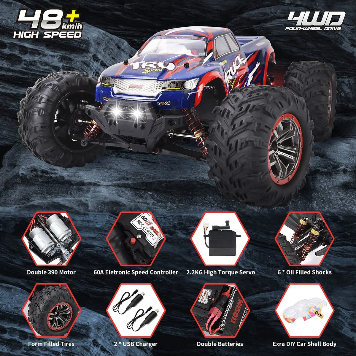 1:10 4WD RC Monster Truck, 48+ KMH, 2 Batteries F76615