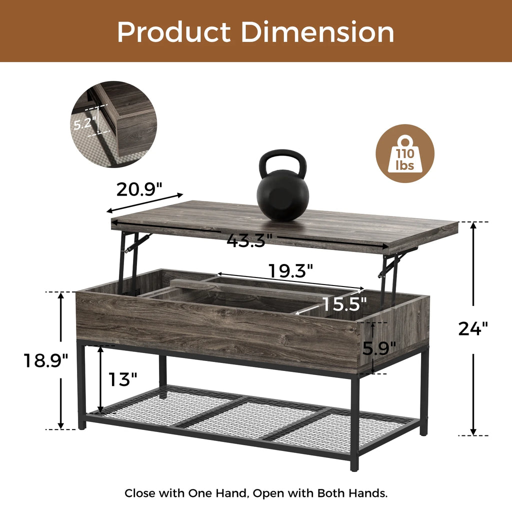 43" Lift Top Coffee Table with Hidden Storage and Drawer E7151