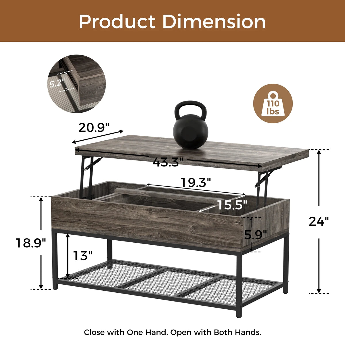 43" Lift Top Coffee Table with Hidden Storage and Drawer E7151