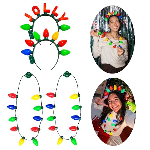 Light Up Christmas Necklace Set 4 Pack LED Glow Jewelry 3 Light Modes C88758
