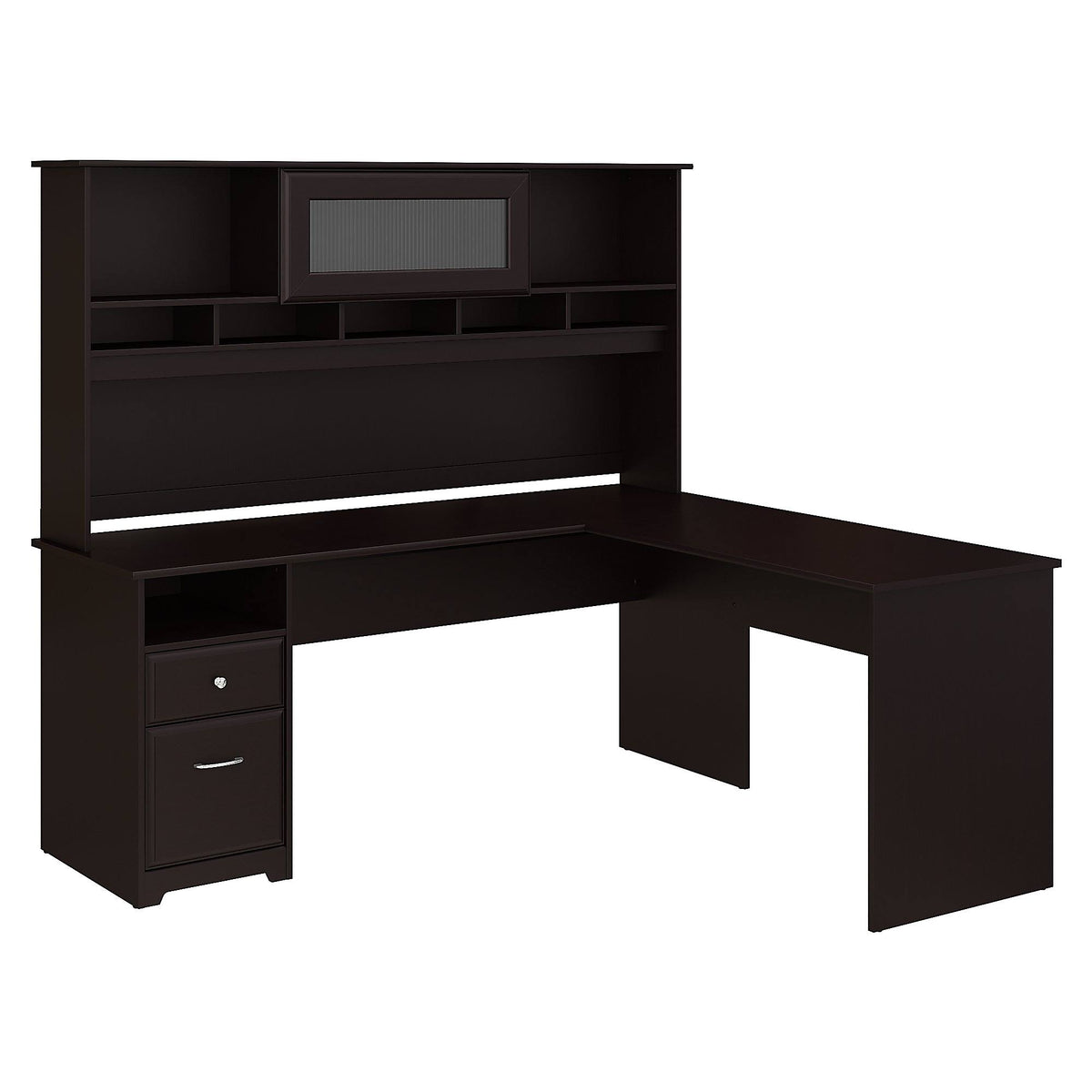 72W L Shaped Computer Desk with Hutch and Drawers, Espresso Oak X494