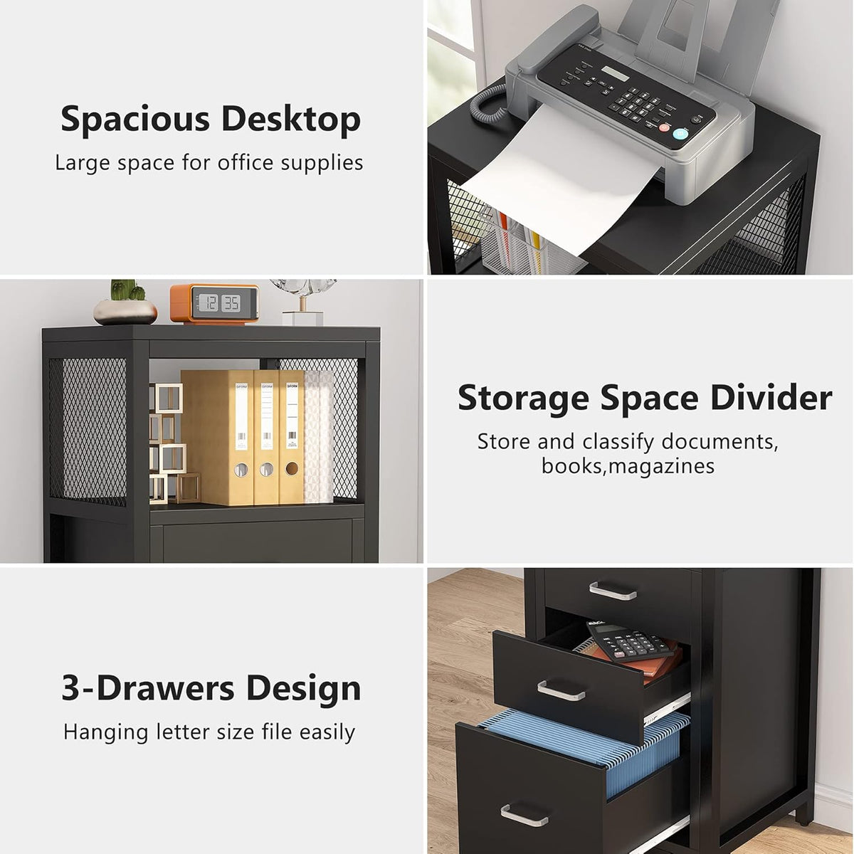 Black 3 Drawer Vertical File Cabinet with Metal Wire Storage Shelves X48241