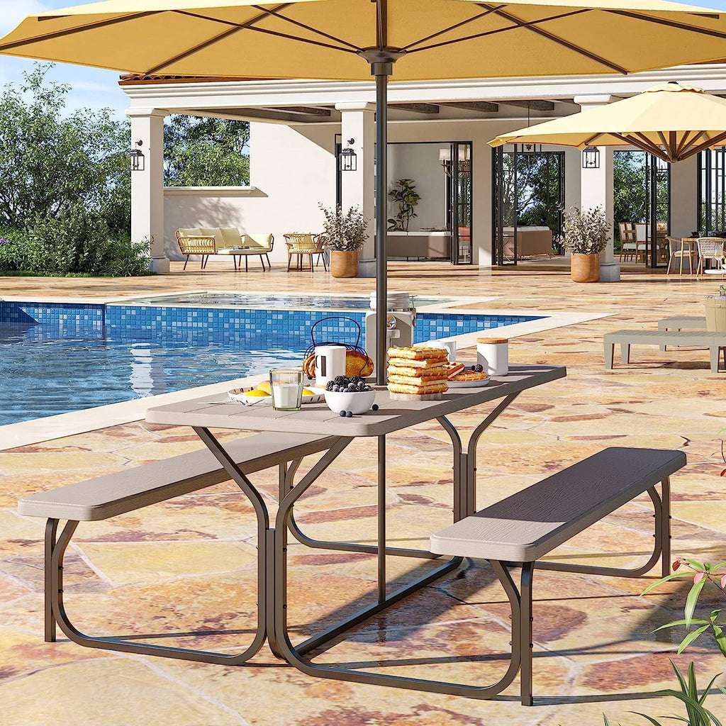 6 ft Black Picnic Table Bench Set with Umbrella Hole K599