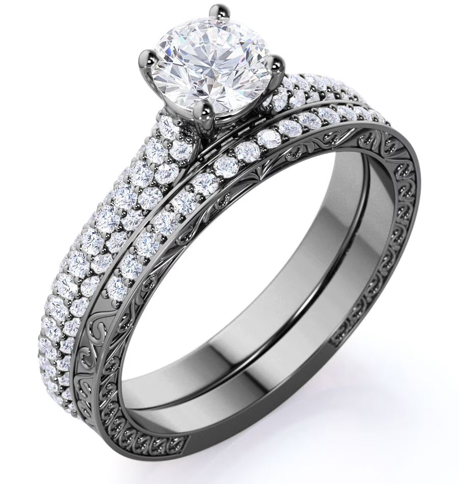 10K Black Gold Vintage Gothic Wedding Ring Set S201024