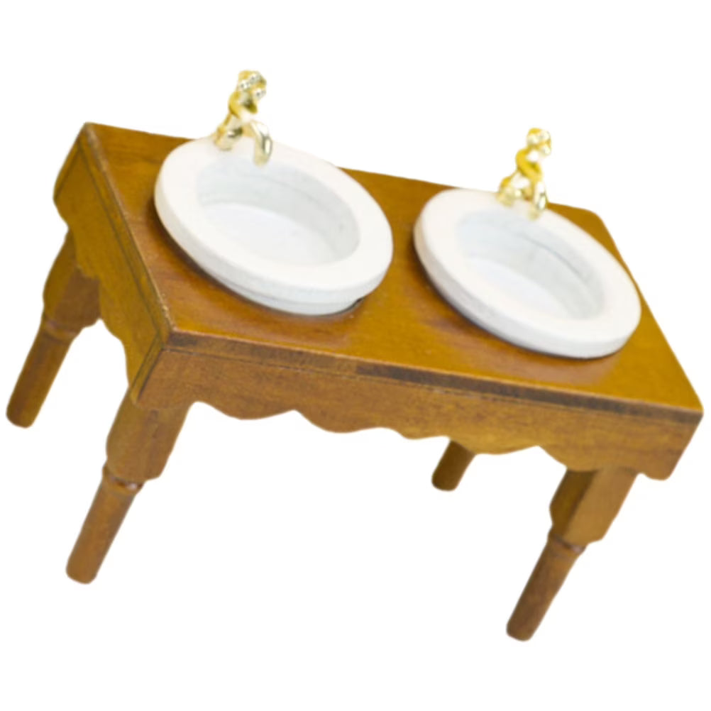 Walnut Color Dollhouse Miniature Double Basin Wash Sink P5980