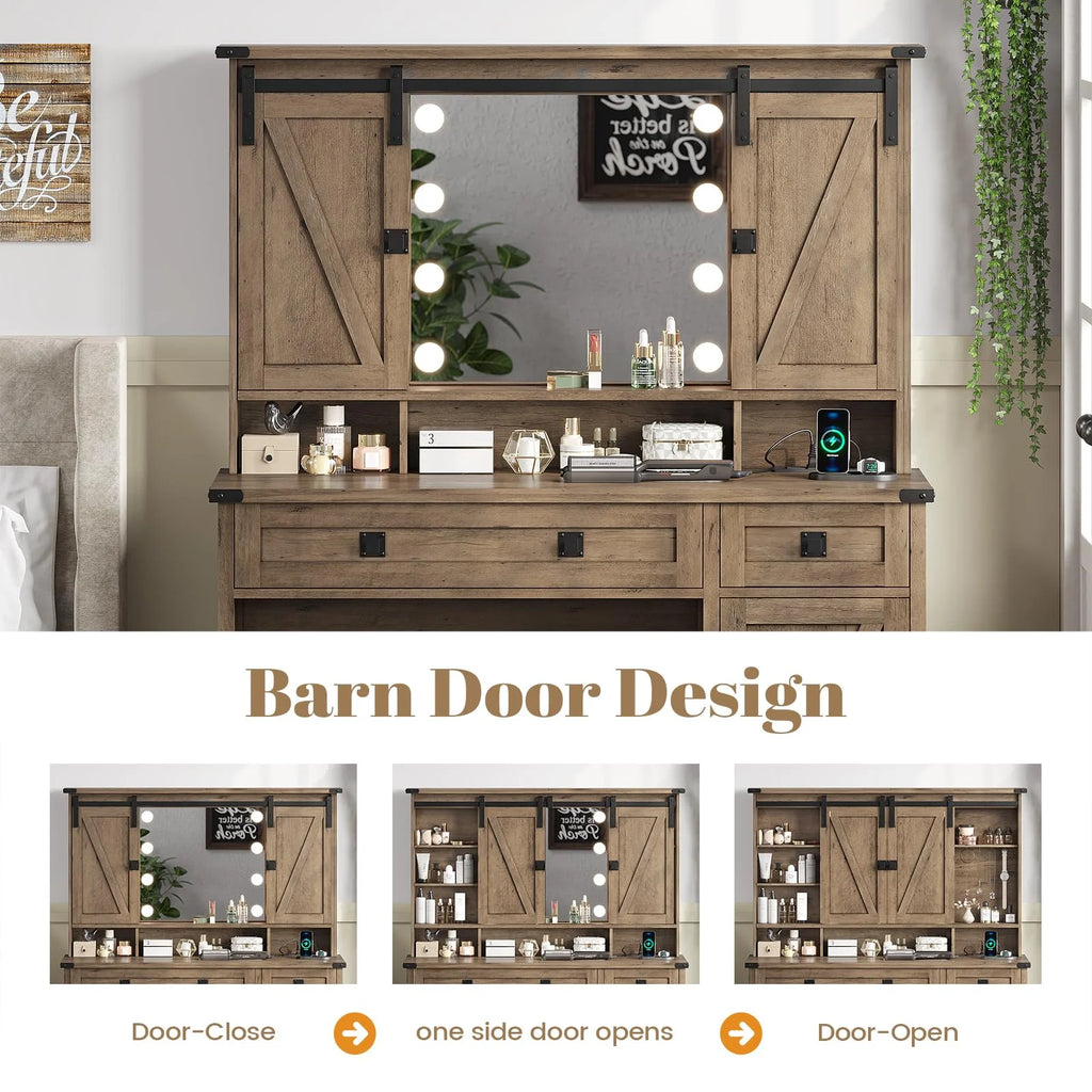 Brown Vanity Table with Charging Station and Lights Mirror Y9911