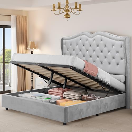 Queen Velvet Upholstered Storage Bed Frame with Headboard M273335