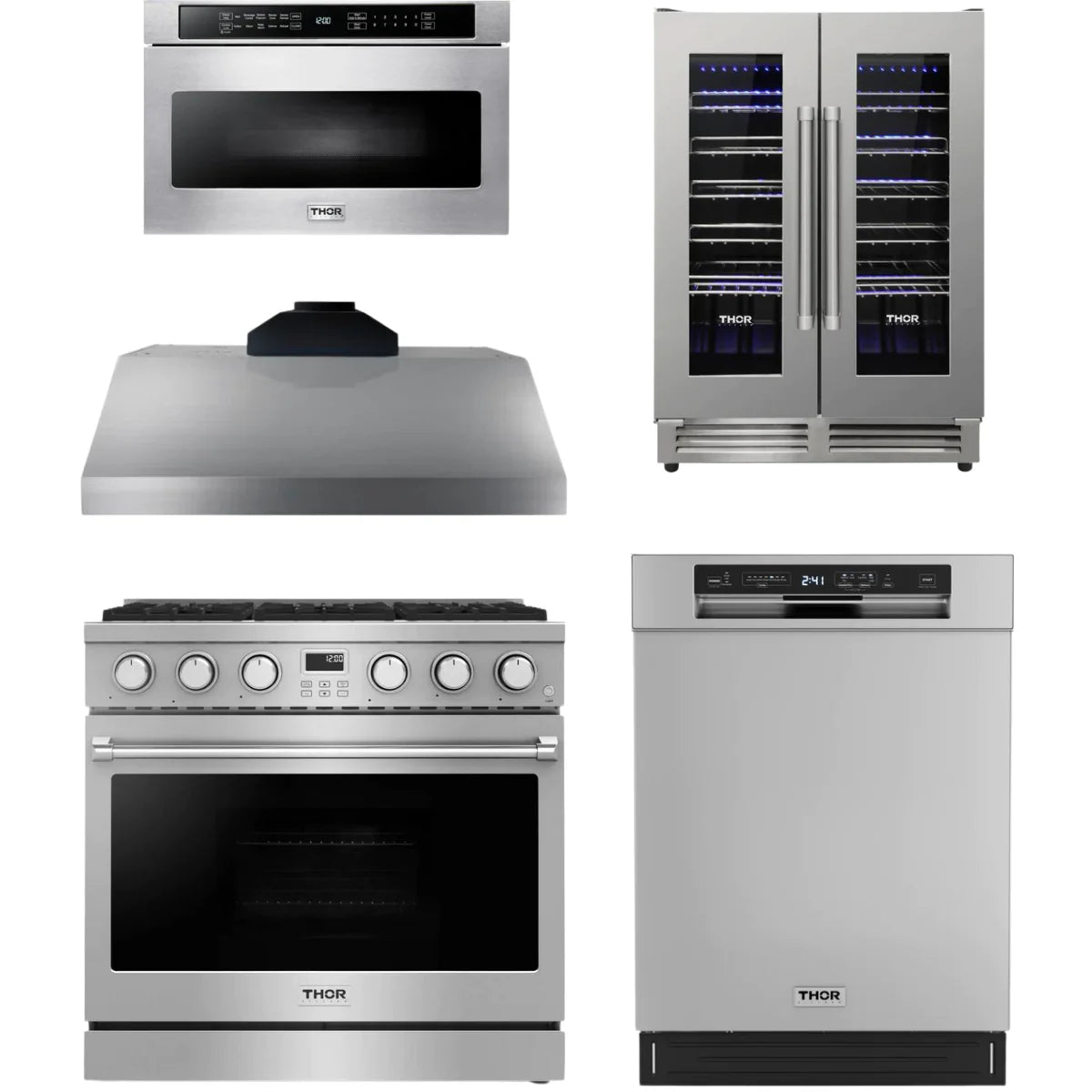 36 Gas Range, Range Hood, Dishwasher, Microwave and Wine Cooler W2222
