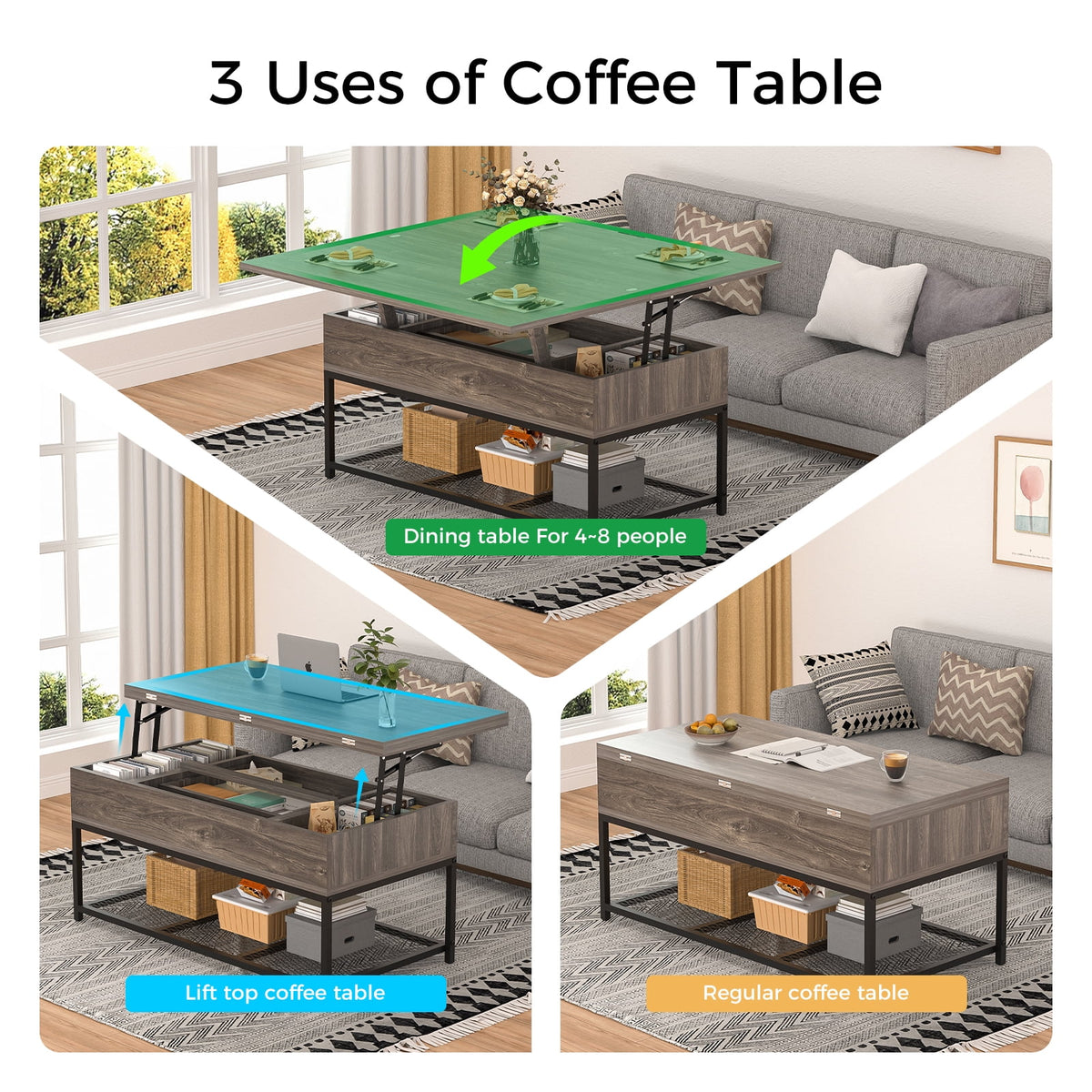 43" Lift Top Coffee Table with Hidden Storage and Drawer E7151