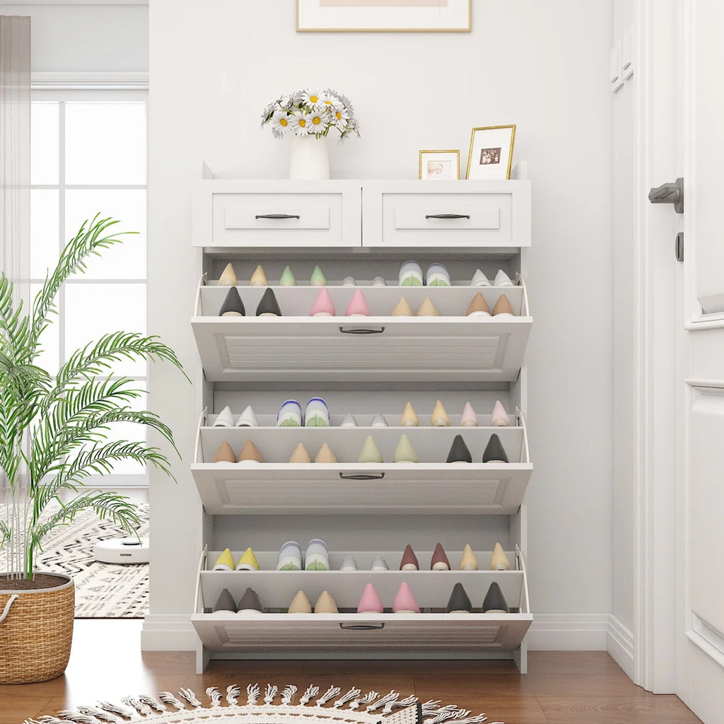 White Narrow 3 Door 2 Drawer Shoe Storage Cabinet I589024