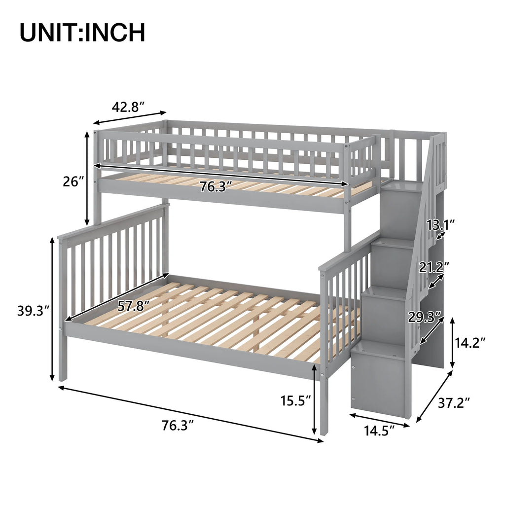 Gray Wood Twin over Full Bunk Bed with Stairs and Storage Shelf D97504
