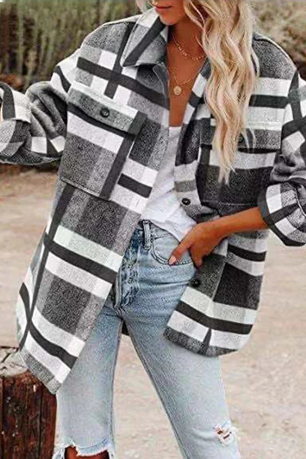 Plaid Pocket Buckle Turndown Collar Outerwear P282