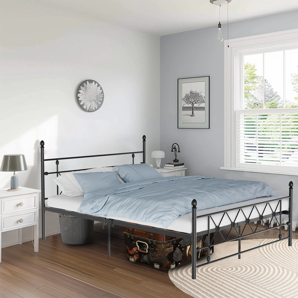 Queen Size Black Metal Platform Bed Frame with Headboard E91529