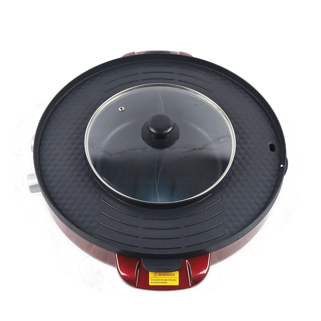 2 in 1 Electric Soup Shabu Pot Smokeless Grill Hot Pot 2200W Red N565956