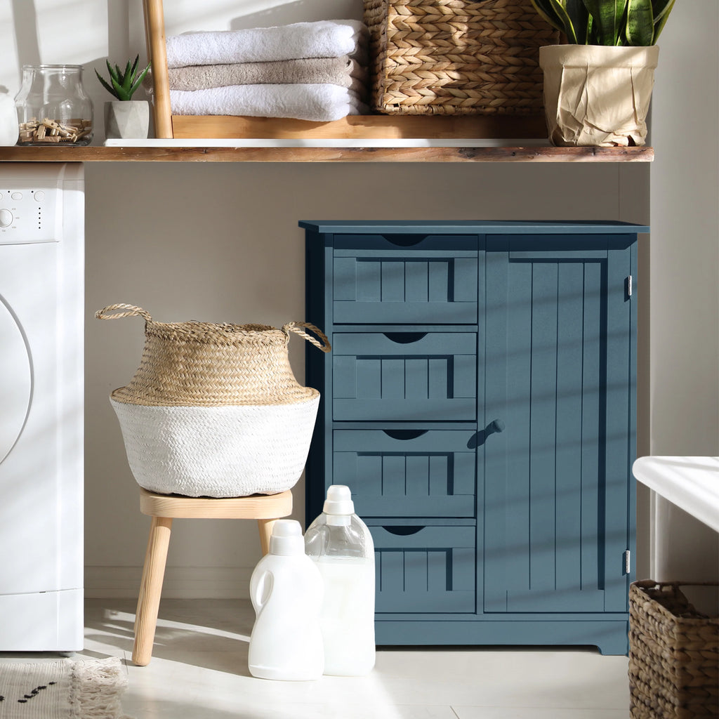 Blue Wooden Bathroom Floor Storage Cabinet with 4 Drawers and 1 Cupboard Y6539