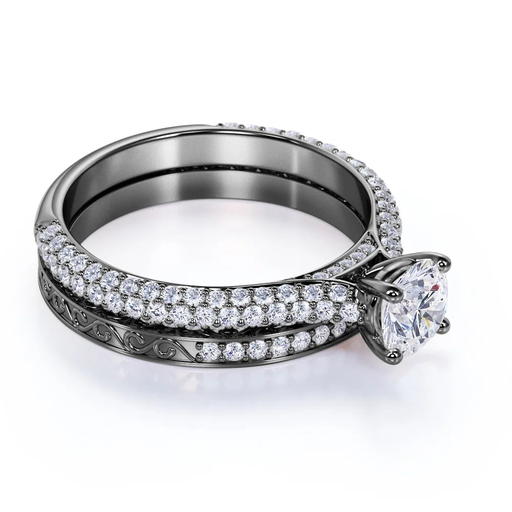 10K Black Gold Vintage Gothic Wedding Ring Set S201024
