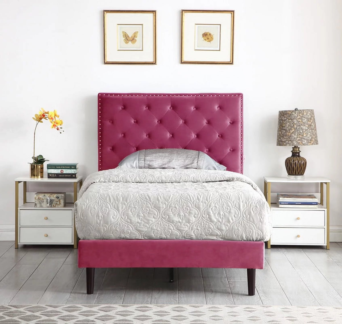 Gray Twin Upholstered Platform Bed Frame with Adjustable Headboard W763