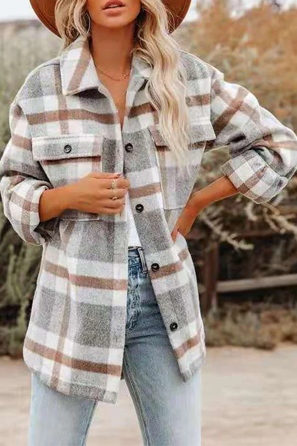 Plaid Pocket Buckle Turndown Collar Outerwear P282