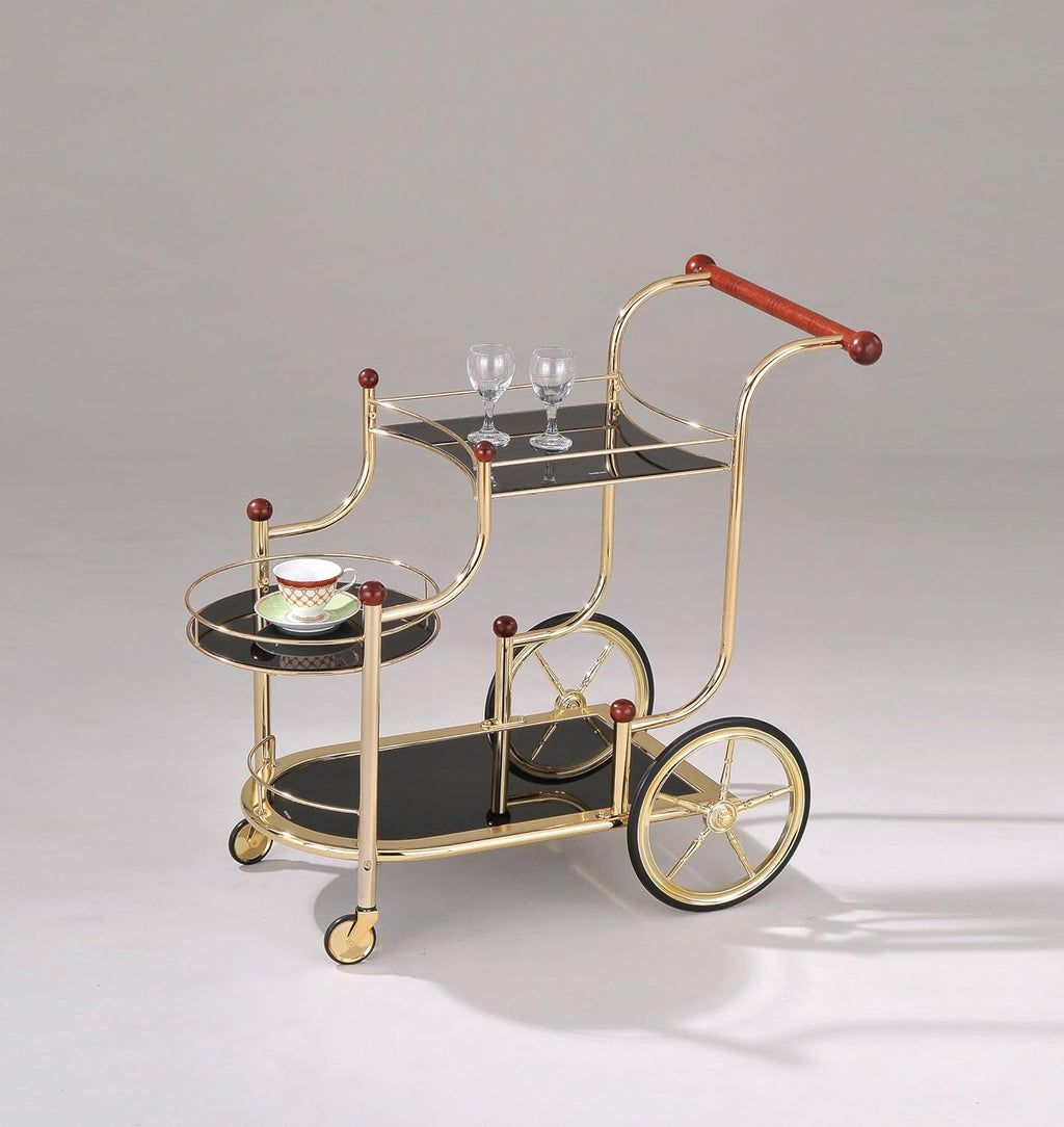 Gold Plated Serving Cart with Cherry Wood and Black Glass F286125